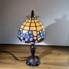 Vintage Tiffany Style Stained-Glass Small Table Lamp 12” Flowers & Brown Cord