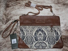 Myra Bag #2576 Leather, Canvas 11"x9" Crossbody~Wristlet~Floral Vintage Design