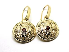 Kaedesigns 9ct 9k Solid Yellow Gold Antique Red Garnet Filigree Drop Earrings