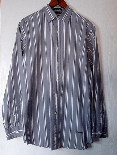 Daniel Cremieux Large Dress Shirt Mens Gray Wide Stripe 100% Cotton Taylored Fit - Picture 2 of 8
