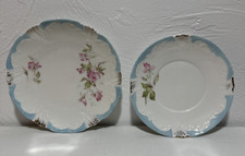 Welmar Germany 5.5” & 6” Plates with Blue Trim and Pink Flowers-Lot of 2