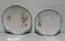Welmar Germany 5.5” & 6” Plates with Blue Trim and Pink Flowers-Lot of 2