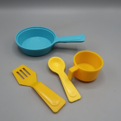 Vintage Fisher Price Fun with Food Lot Blue Frying Pan Yellow Spatula Spoon Cup
