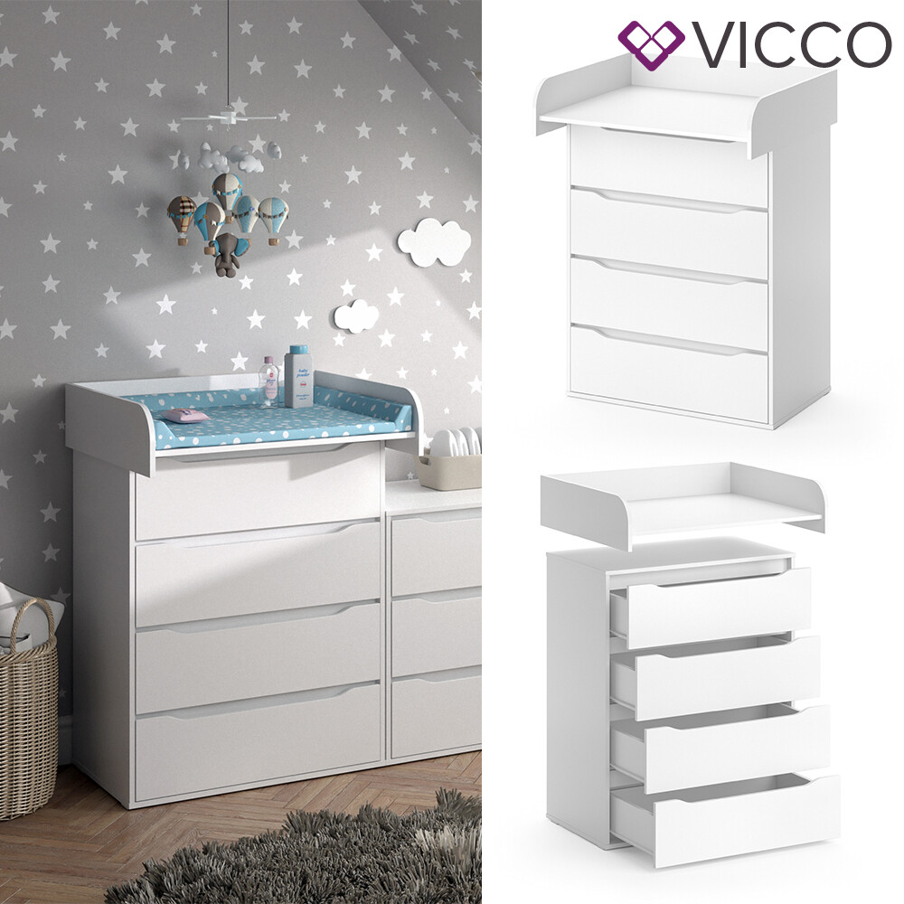 Wickelkommode Wickeltisch mit Aufsatz Wickelregal 4 Schubladen Ruben Weiß Vicco
