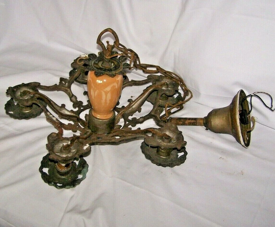 Antique Art Nouveau Cast Metal /Iron Polychrome Chandlier /Light Fixture 1920 #1 - Image 2 of 4