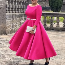 Fall Dresses Retro Flared Pleated Party Dress Crewneck Cocktail Prom Midi Dress