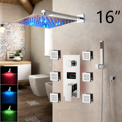 16'' LED Shower Faucet Set Rainfall Head 6 Massage Sprays Mixer Digital Valve Tap