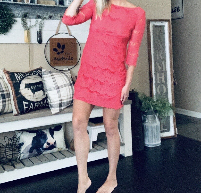 Jessica Howard hot pink/coral lace overlay fringe trim mini dress | eBay