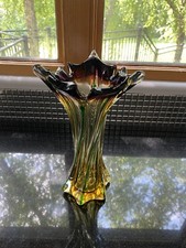 STUNNING VTG Yellow/Amber Green  Purple Murano Twisted Art Glass Vase 11.75"H