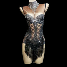 Sparkly Crystals Fringes Bodysuit Bling Rhinestones Costume Nightclub Outfit