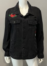 Ci Sono Black Denim Jacket Button Down Embroidered Flowers Women’s Size Large