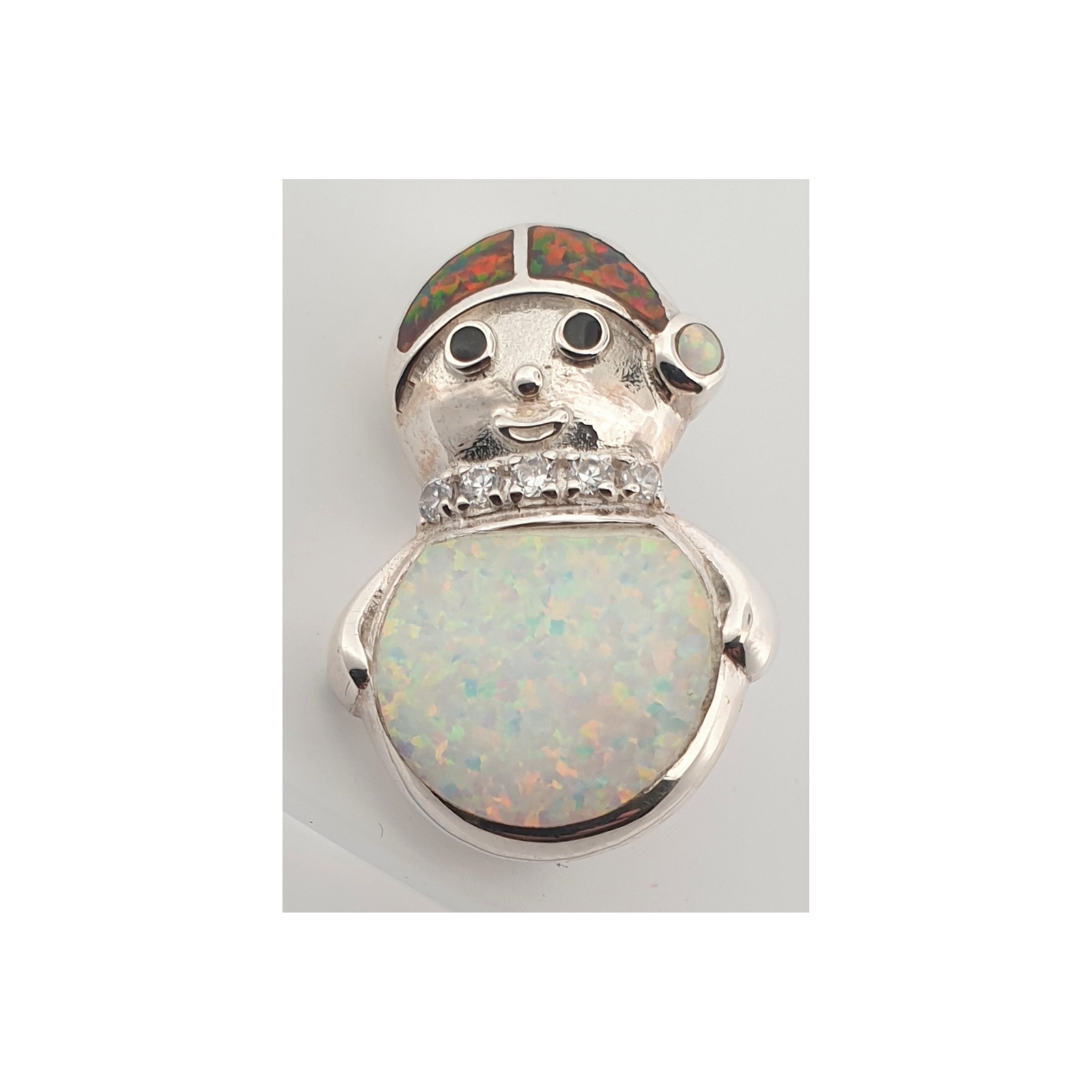 Christmas Snowman Brooch 925 Silver Set With White & Brown Crushed Opal Resin