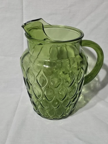 Vintage Anchor Hocking Avocado Green Glass Madrid Teardrop Diamond Pitcher 82 oz