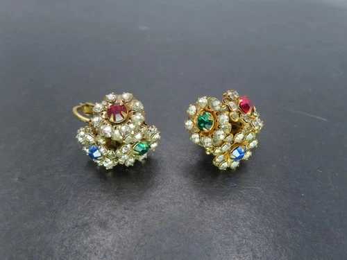 Vtg Miriam Haskell Gold Tone & Multicolor Paste Cluster Clip Earrings, 8.4g
