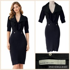 KAREN MILLEN Black Jumper Dress Size UK8 US4 Fine Knit Waterfall Ruffle Collar