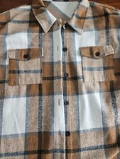 Women's Plaid Button Up Flannel Shacket Shirt Jacket Large Tan Gray Black Ivory