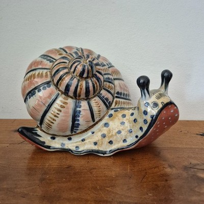 Tonala Mexico Extra Large Hand Painted Snail Pottery Art 9'' x 6.5'' Vintage