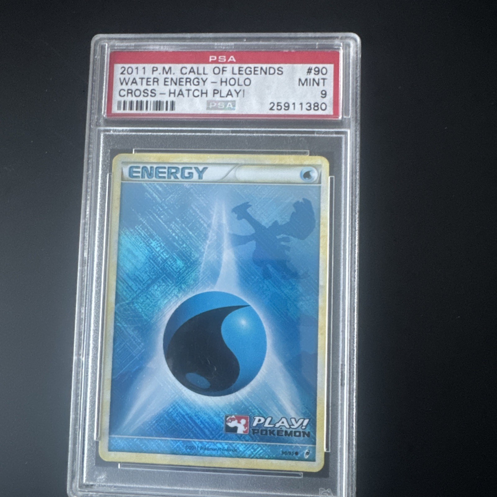 2011 POKEMON CALL OF LEGENDS #90 WATER ENERGY-HOLO PSA 9 - LUGIA ON CARD