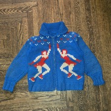 VTG Mary Maxim Cowichan Figure Skating Wool Hand Knit Sweater Youth Kids READ
