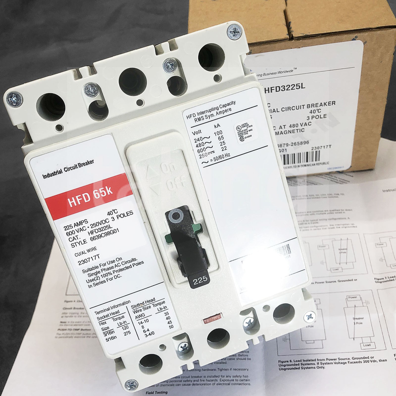 New 1Pc Circuit Breaker for EATON HFD CIRCUIT BREAKER 3P 225A 600V 65k HFD3225L