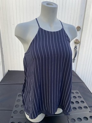 Be Cool Navy Blue Striped Halter Tank Top Women s Size S   Lined Summer Blouse