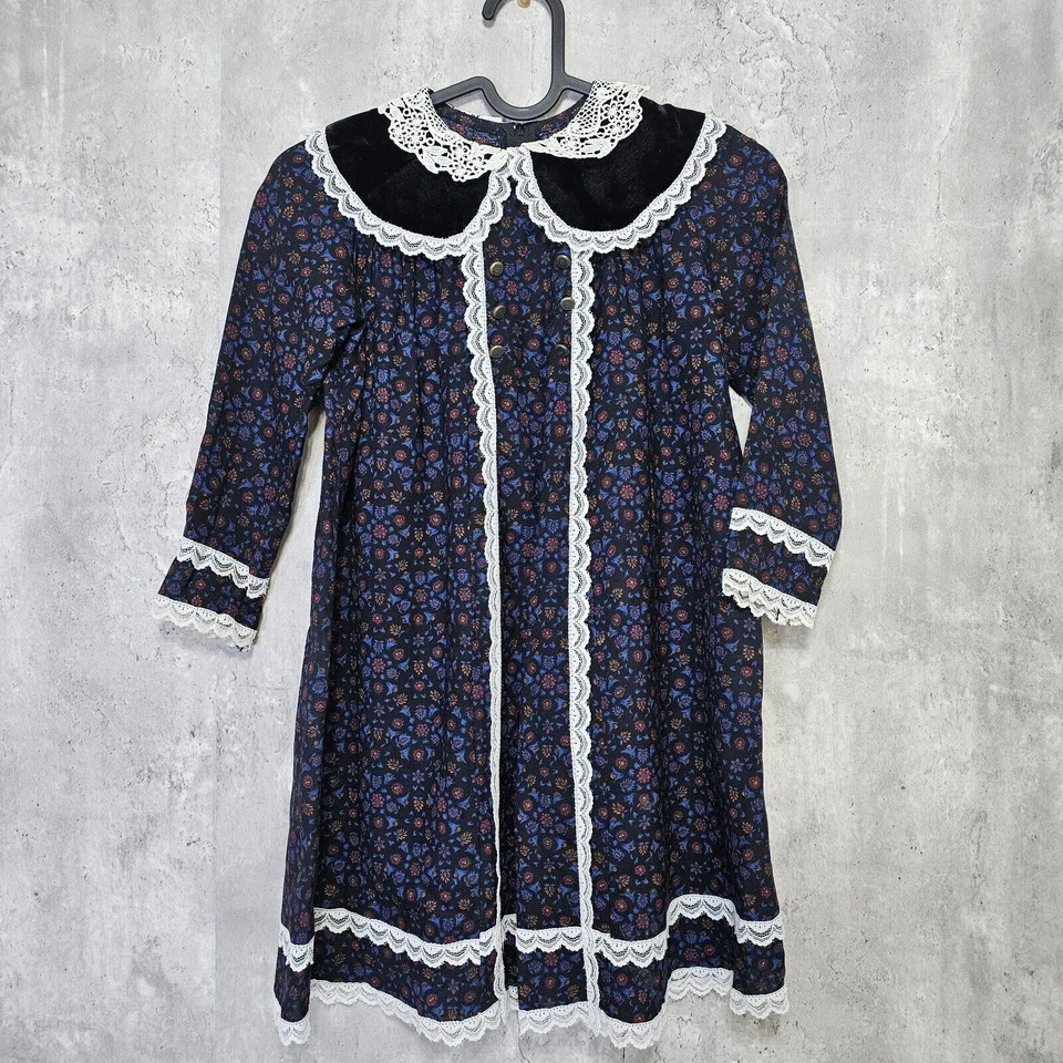 Vestido Vintage Gunne Sax Jessica McClintock Niñas 5 Floral Encaje Cuello Terciopelo Foto 2 de 4