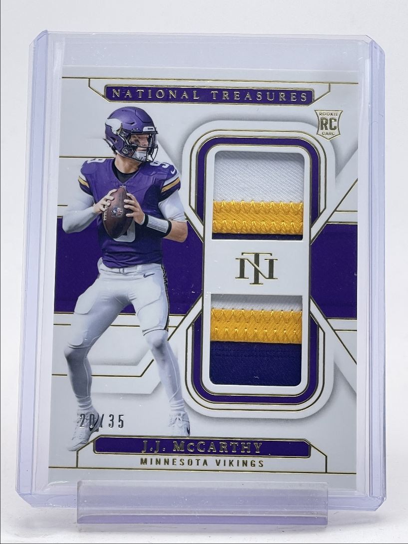 J.J. MCCARTHY 2024 NATIONAL TREASURES ROOKIE DUAL PATCH GOLD RC /35 Q5718