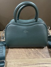 Lacoste Dark Green Satchel Top Handle Bag Silver Hardware Detachable Strap Logo