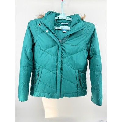 Columbia Teal Puffer Jacket Hooded Faux Fur Trim Zip Front Women Size M