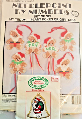 Plastic Canvas Needlepoint By Number Set of Six Teddy Bear Decor w/Free Ornament