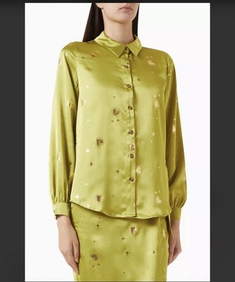Never Fully Dressed green Gabbie Hearts Shirt satin relaxed blouse size 8