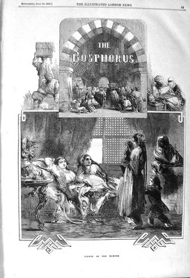 Original alter antiker Druck 1857 Bosporus Hareem Schiffer Einkaufskutsche 19.