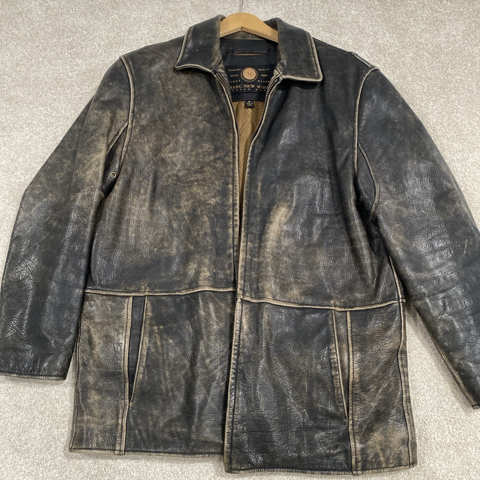 VTG Andrew Marc New York Genuine Leather Distressed Grey Moto Bomber Jacket M