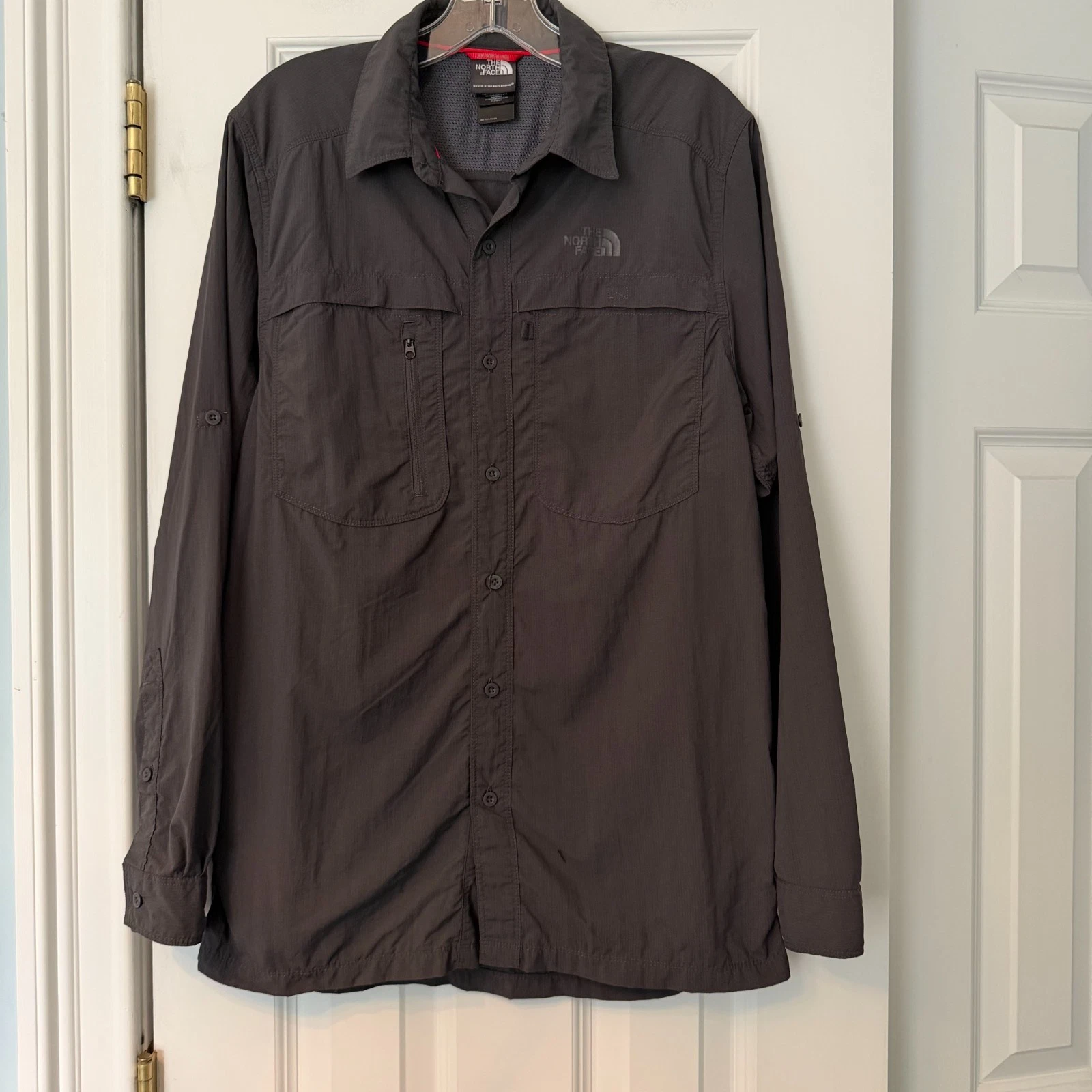 The North Face Mens S Dk Gray Button Down Nylon Shirt Vented Hiking Fishing