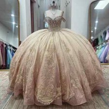 Pink Princess Quinceanera Dress Strapless Gold Applique Sweet 15 16 Bridal Gowns