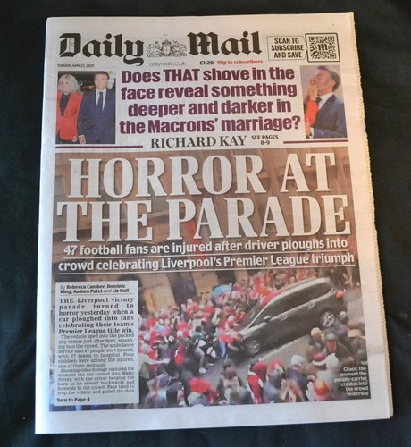 Daily Mail UK Newspaper 27/05/25 May 27th 2025 Liverpool LFC Title Parade Horror