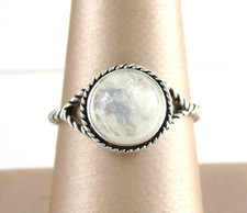 .925 Sterling Silver Moonstone Ring Round Cabochon Split Shank Rope Braided