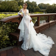 Sexy Long Sleeve Mermaid Wedding Dresses Detachable Train Appliques Bridal Gowns