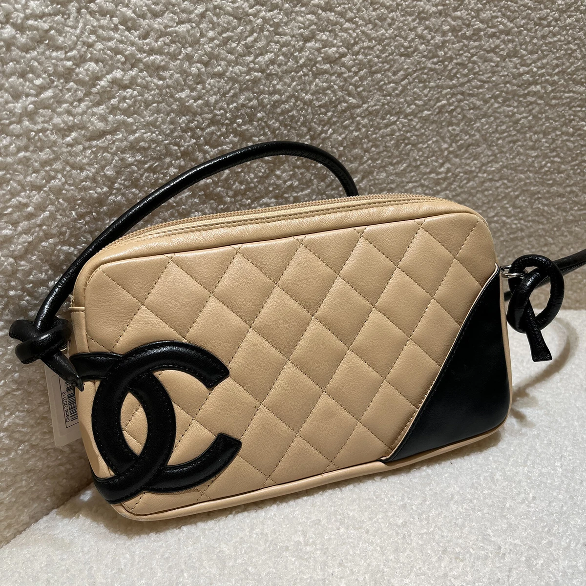 Auth Chanel Calfskin Quilted Cambon Ligne Pochette Beige Women Shoulder Bag