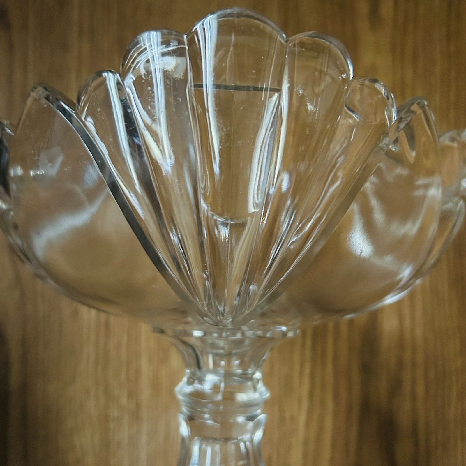 Vintage Clear Glass Pedestal Compote Candy Dish Floral Scalloped EAPG 7.5"