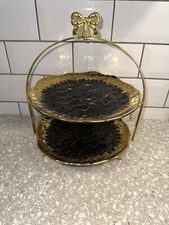 Supporto per torte vintage 2 livelli placcato oro con piatti in ceramica