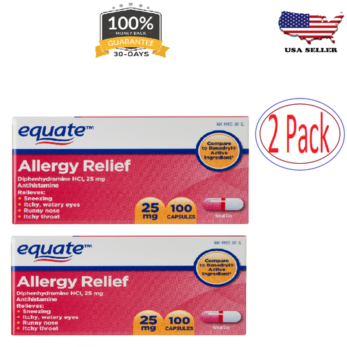 New Equate Allergy Relief Capsules, 25 mg, 100 Count (Pack of 2) Free