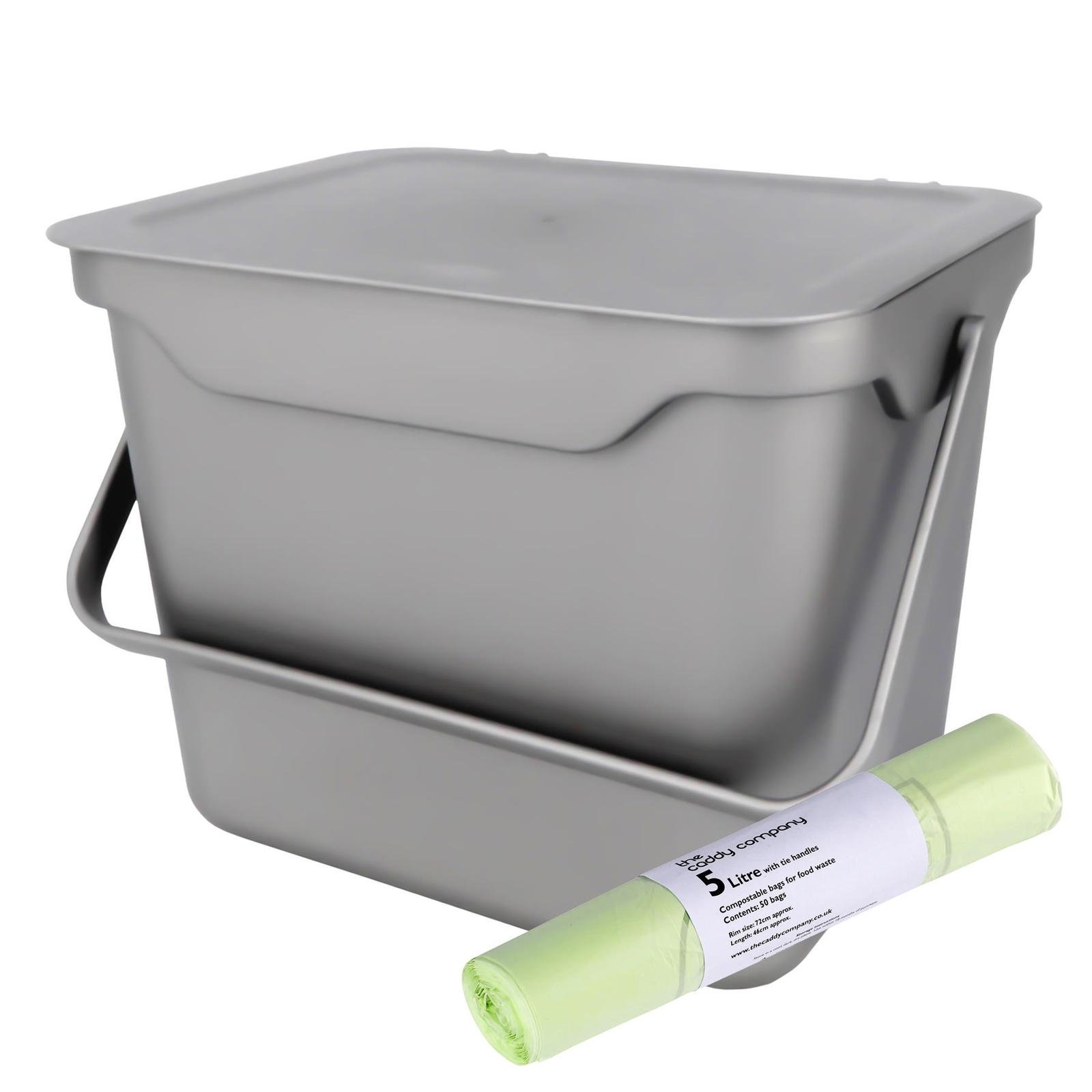 5L Silver Kitchen Compost Caddy/Food Waste Bin & 50 x 5L Tie Compostable Bags