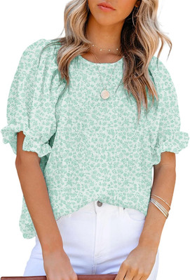 Floral Print Blouses for Women Crewneck Smocked Puff Sleeve Shirts Casual Babydo