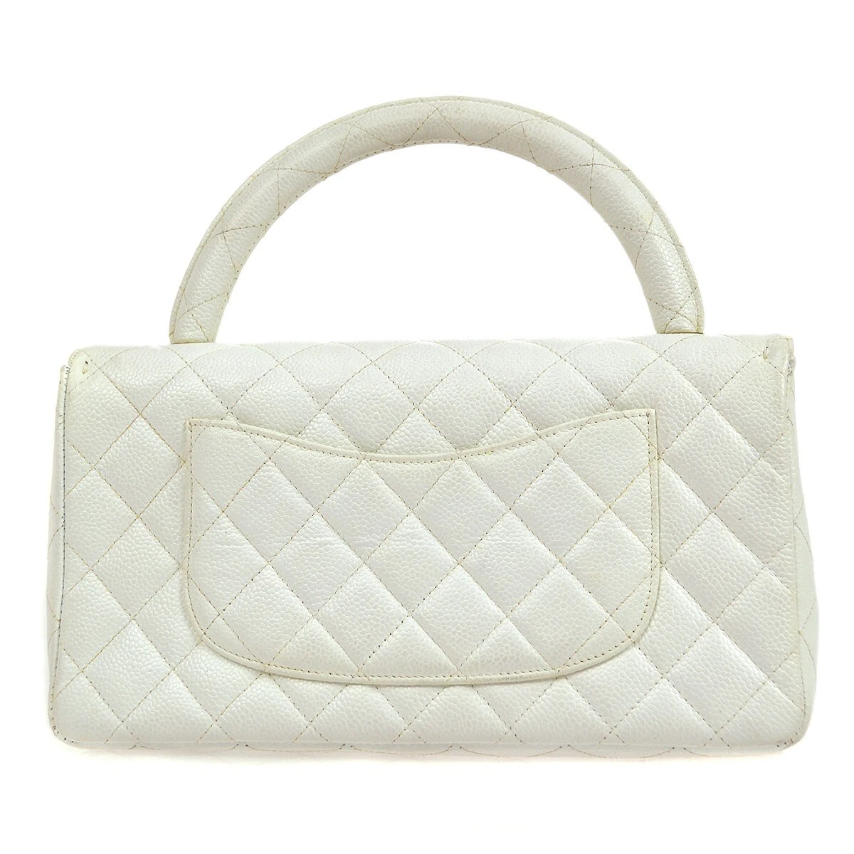 CHANEL CC Logos Hand Bag Purse White Caviar skin Leather 39606