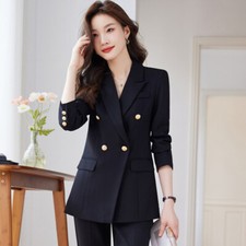 Women Suit Jacket Long Sleeves Double-breasted Blazer Coat Office Business