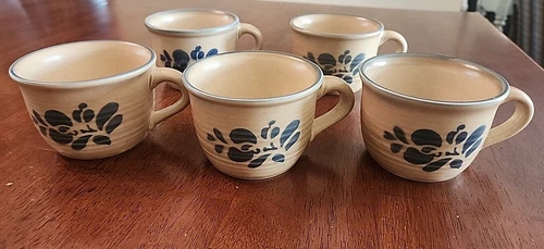 Pfaltzgraff Folk Art Tan Blue Coffee Tea Cup Mug 001 Vintage Set Of 5
