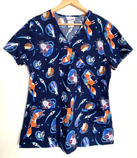 ScrubStar Women  s M Medium Scrub Top Nurse Vet Tech Animals in Space Navy Blue