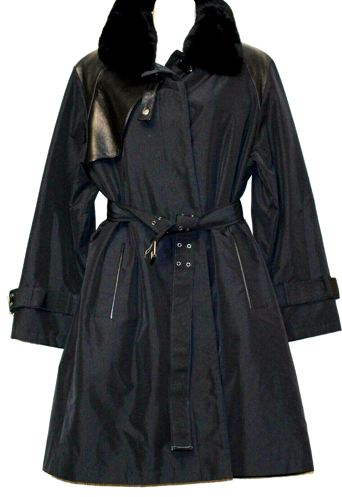 Natural North Montreal Black Rabbit Fur Lining Leather Trim Women Coat Size M