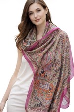 PASHTUSH 100% PURE SILKSCARF PAISLEY & ELEPHANT PRINT MULTICOLOR FUCCIA